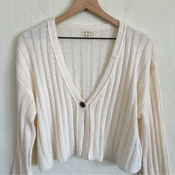 POL Hear Me Out Cropped Ribbed One Button Bell Sleeve Cardigan Small Cream Boho - Picture 6 of 10